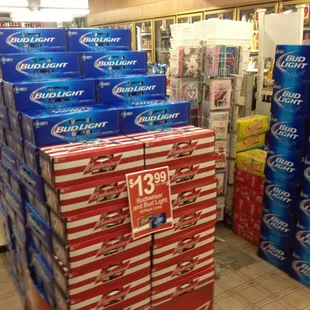 a display of cans of bud beer