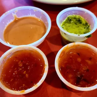 Complimentary sauces - mayo/ketchup, chimichurri, aji sauces. My favorite was the garlicky chimichurri sauce