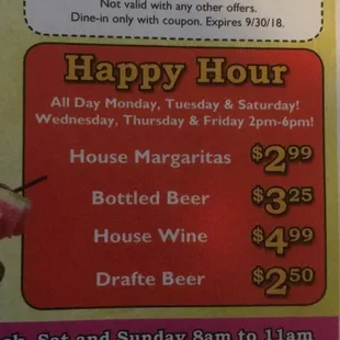 July 2018 mailer for their happy hour