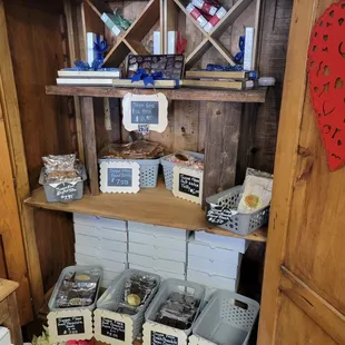 a pantry with baskets of goods