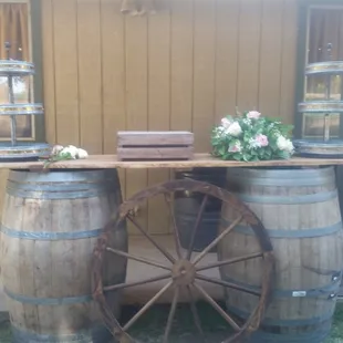 Great display with the wine barrels.