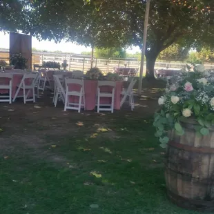 Wine barrels can be used for floral arrangements.