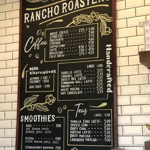 Drink menu as of October 28, 2020