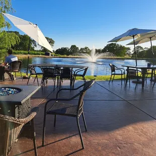 Outdoor patio, pond, fountain