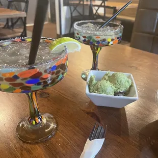 The Happy Hour guacamole serving and more beautiful margarita glasses.