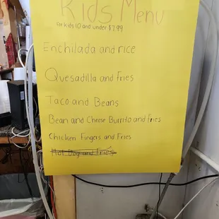 Kids menu as of 8-12-23