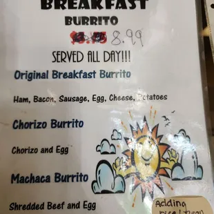 Breakfast burrito menu as of 10-28-23
