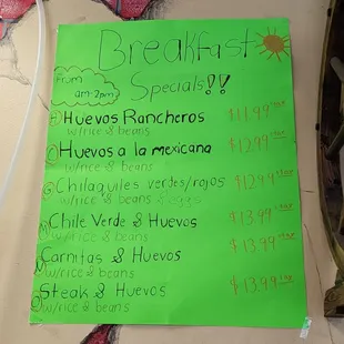 Breakfast specials as of 5-28-23