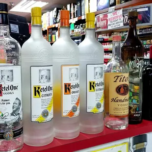 a variety of liquor bottles