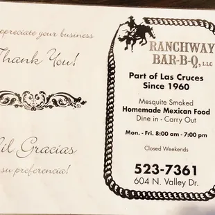 Menu of Ranchway, outside.