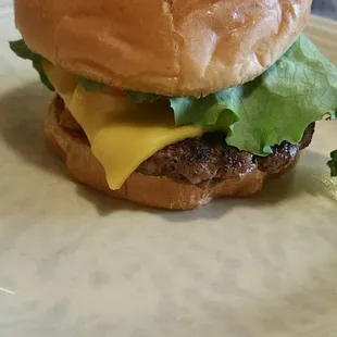 Adam Burger with lettuce, tomato, and provolone sticks