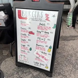 a menu for burgers