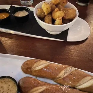 cheese curds and pretzel sticks