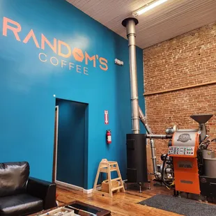 a coffee shop with blue walls