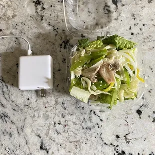 Small garden salad: Missing tomato and cucumber Charger used for size comparison. Very small.