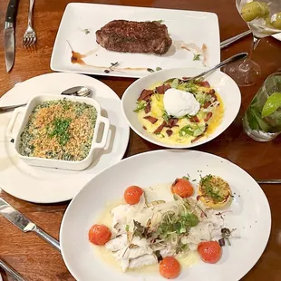 Prime NY Strip, Roasted Branzino, Creamed Spinach &amp; Loaded Mashed Potato
