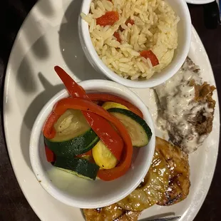 Sweet chicken that is ginger and soy with pineapple with season vehs and rice