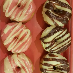 Our new strawberry banana and chocolate covered banana donuts