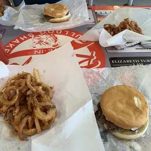 Single cheese burger and rings
