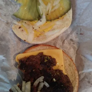 a hamburger and a pickle