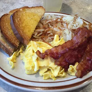 2 eggs, bacon, hash, and toast