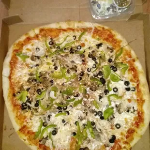 Large veggie pizza and a Greek side salad