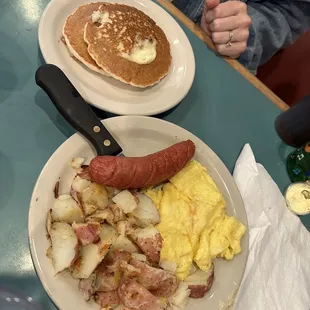 Polish sausage and eggs and pancakes