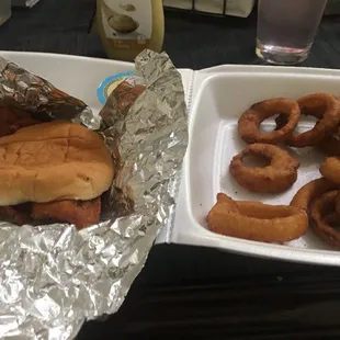 Fish sandwich and onion rings