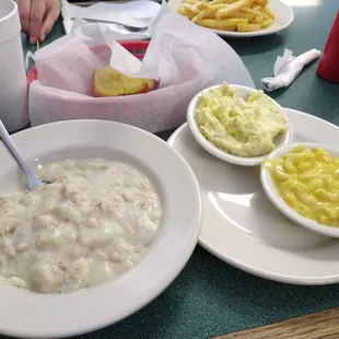 Chicken and dumplings, mac and cheese, potato salad
