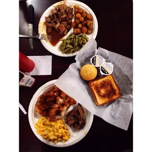 Steak tips with fried okra. Fried chicken with mac n&apos; cheese. Texas toast and corn bread. So good!!!