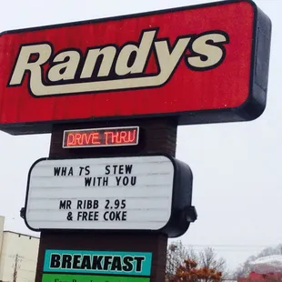 a sign for randy's drive thru