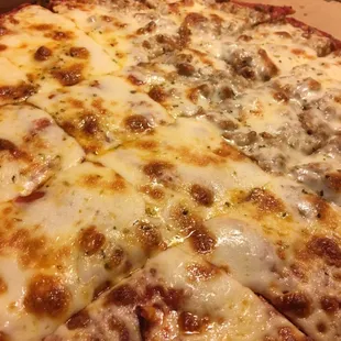 Delicious half sausage, half pepperoni.  Do I have to share?