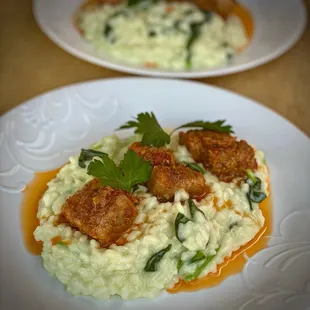Binagoongang pork belly with coconut spinach risotto