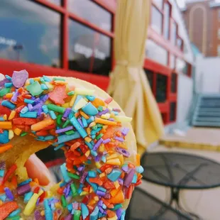 Made from scratch sprinkle donuts on the patio