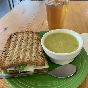 Trojan Horse sandwich, chilled curried zucchini soup, and blackberry sage iced tea