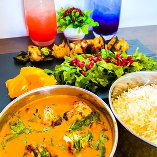 Chicken Tikka Masala (G,N) Mango Habanero Chicken Tikka (N, G) Marigold Butterfly Pea Flower Ice Tea