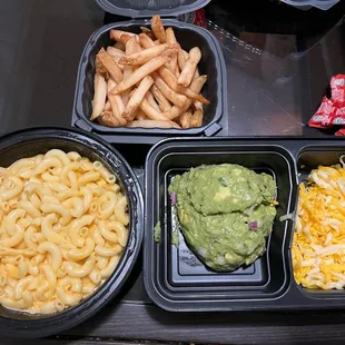 Kids Mac &amp; Cheese comes with fries, and fresh guac with shredded cheese