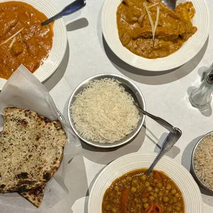 Chana Masala ($12.99), Garlic Naan without cilantro ($3.99), Chicken Tikka Masala ($16.99), Butter Chicken ($16.99)