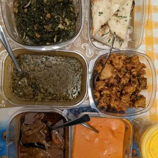 Chicken pakora, dal palak, chicken tikka masala, veg bagara, subz sangam, garlic naan