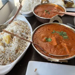 kashimiri pulav, butter chicken, and chicken tikka masala