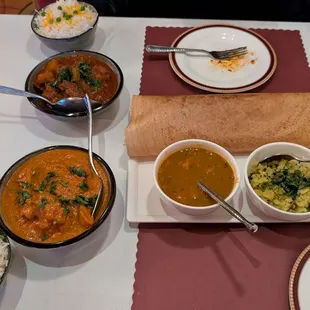 Dosa masala, butter chicken, &amp; lamb vindaloo