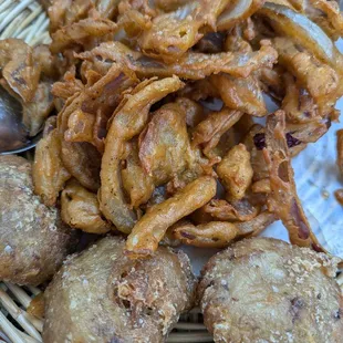 Fried onions, Dahl and bean fritters (also dug in here...sauces not pictured)