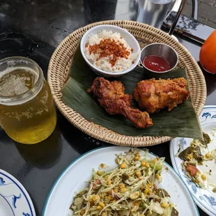 Tea leaf salad and fried chicken