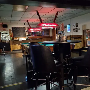 a pool table and chairs