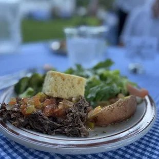 Pulled Beef for dinner w cornbread potatoes and salad