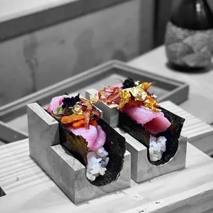 tuna uni caviar hand rolls @whaevaeats