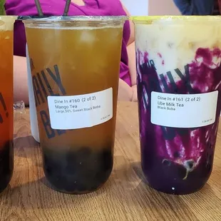 From left to right. Strawberry Green Tea, Mango Green Tea, Ube Milk Tea, and Okinawa Milk Tea.