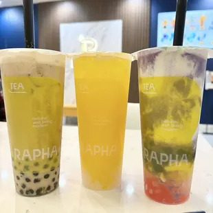 Milk Tea w/ Boba, Aloha Sunshine w/ lychee boba, Halo Halo Slush