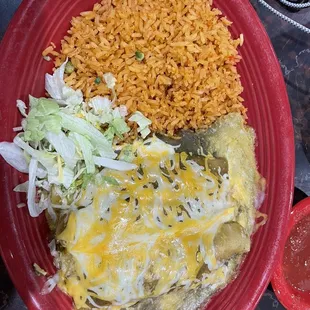 Verde enchiladas with double rice sides (instead of rice and beans)
