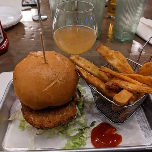Vegetarian chik'n sandwich with fries. Some guava sour beer that was pretty good.